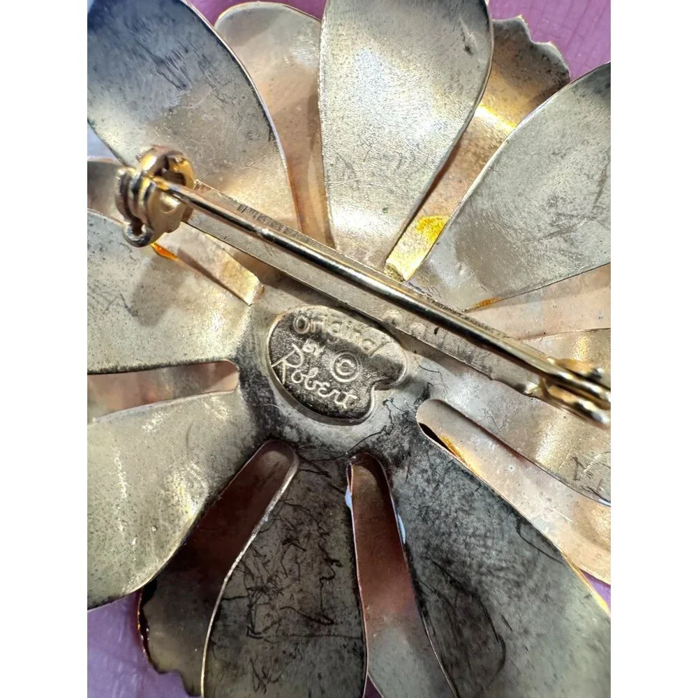 Vintage 1960 Robert Original Orange Enamel Flower Brooch Retro Statement Jewelry - Picture 5 of 5